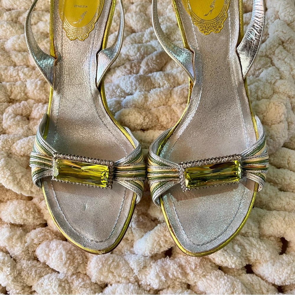 Rene Caovilla Bejeweled Rhinestone Buckle Metallic Leather Snakeskin Heel Sandal - Picture 4 of 11